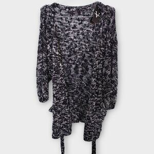 Vertigo Paris‎ Womens Cardigan Sz M Black Marbled Knit Sweater Belted Lagenlook